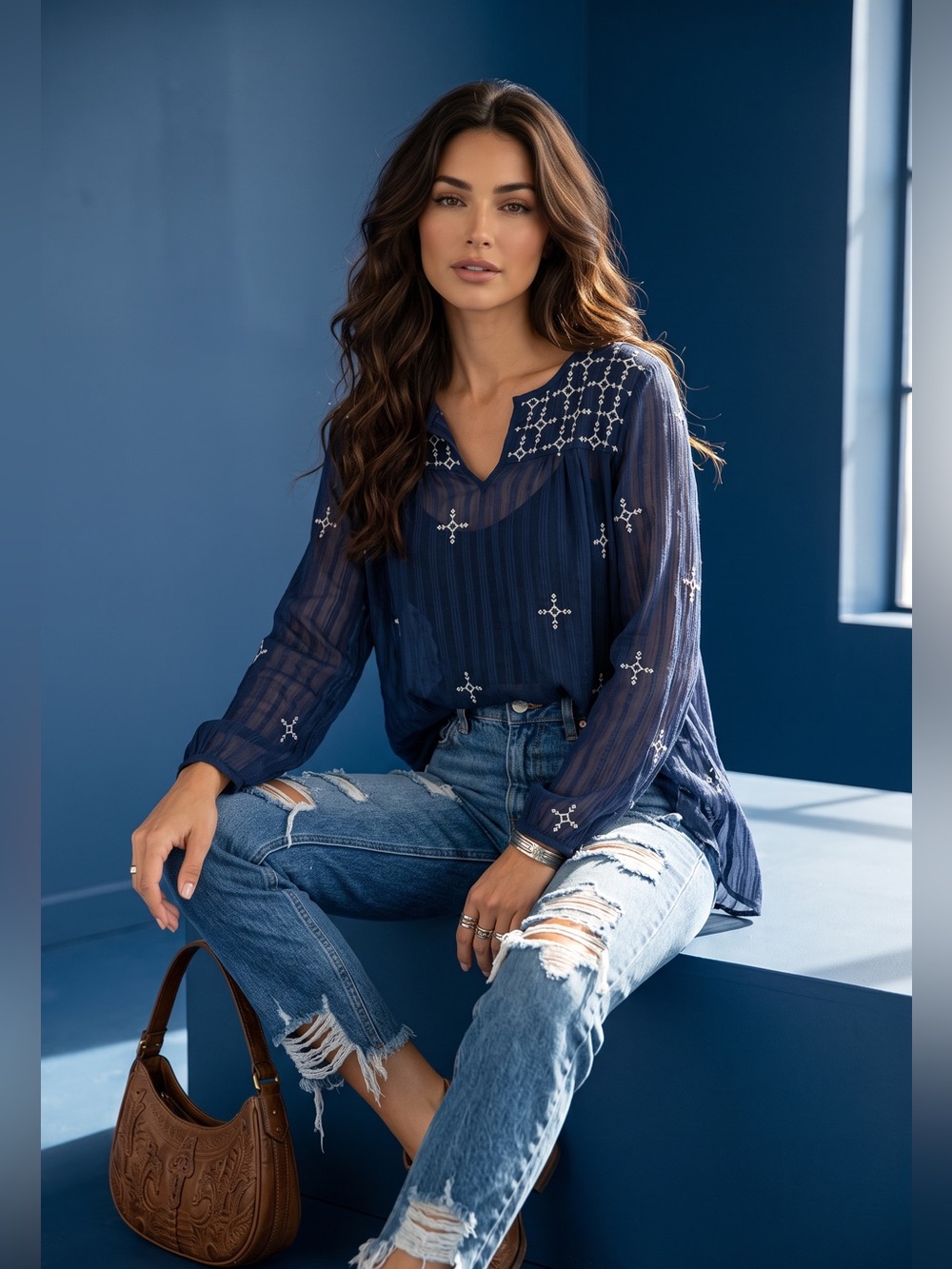 Lucky Brand Navy Sheer Embroidered Tunic